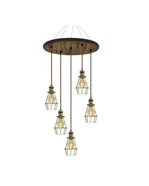 18" Round Wood Chandelier: Walnut, Brown, and Brass Cages