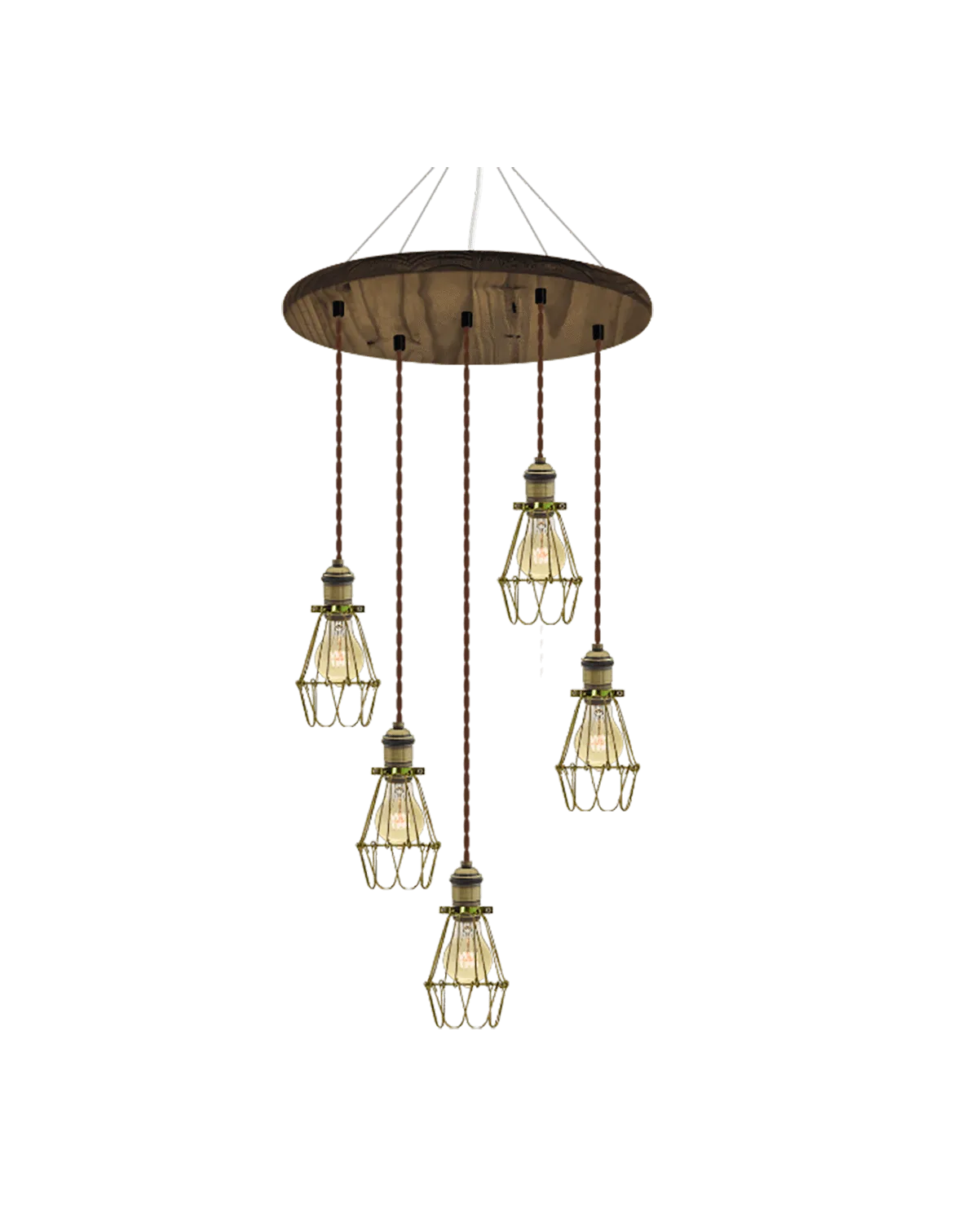 18" Round Wood Chandelier: Walnut, Brown, and Brass Cages