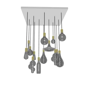 24" Square Metal Chandelier: 14 Pendant White Black and Brass with XL Smoke Bulb Mix