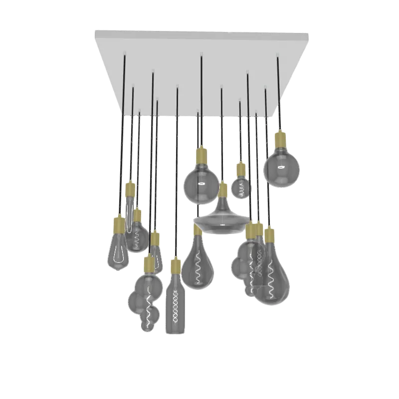 24" Square Metal Chandelier: 14 Pendant White Black and Brass with XL Smoke Bulb Mix