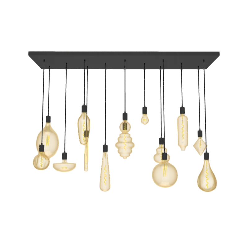47" x 12" Metal Chandelier: 14 Pendant Modern Black with Oversized Amber Bulb Mix