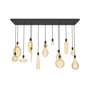 47" x 12" Metal Chandelier: 14 Pendant Modern Black with Oversized Amber Bulb Mix