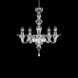 5 Light Clear Murano Glass Chandelier with White Accents