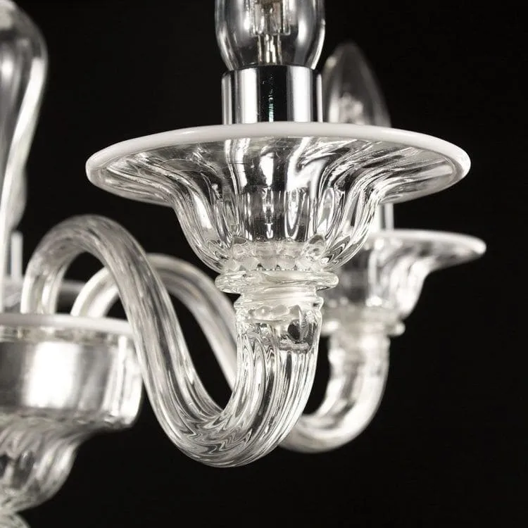 5 Light Clear Murano Glass Chandelier with White Accents