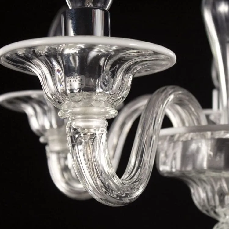 5 Light Clear Murano Glass Chandelier with White Accents