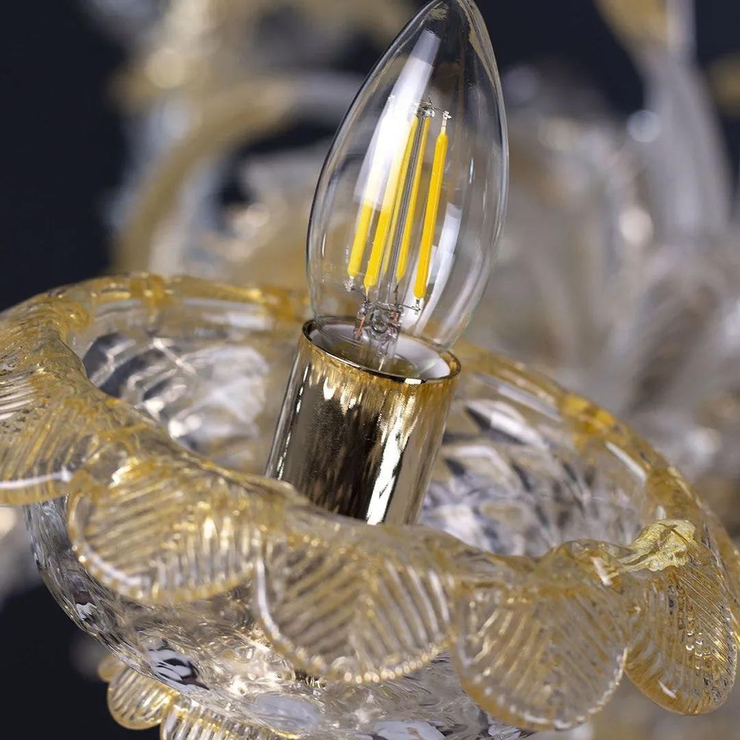 6 Light Classic Rezzonico Style Crystal and Amber Murano Glass Chandelier