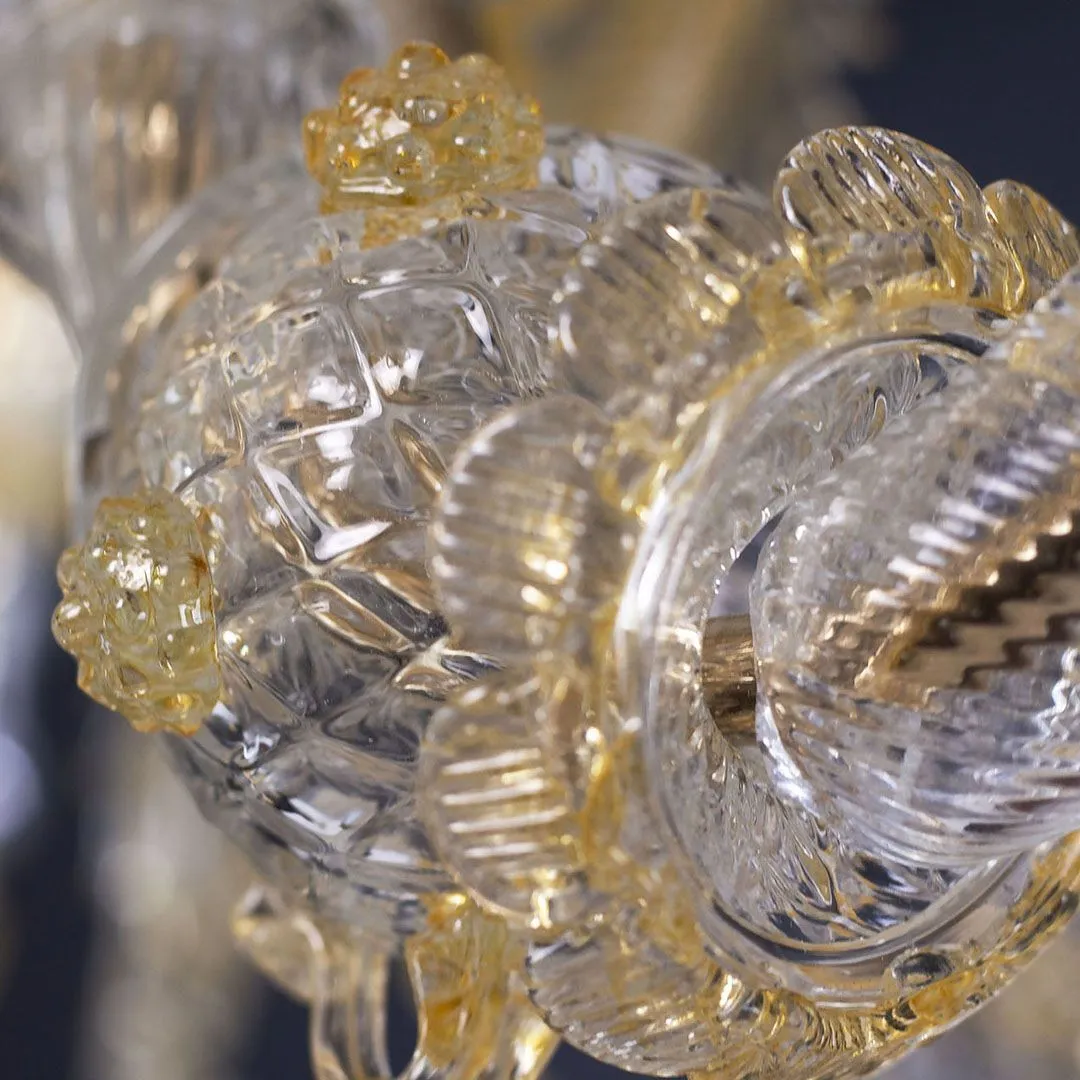 6 Light Classic Rezzonico Style Crystal and Amber Murano Glass Chandelier