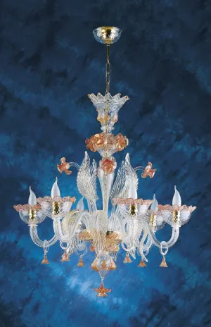 6 Light Murano Glass Chandelier With Gold & Pink Flowers