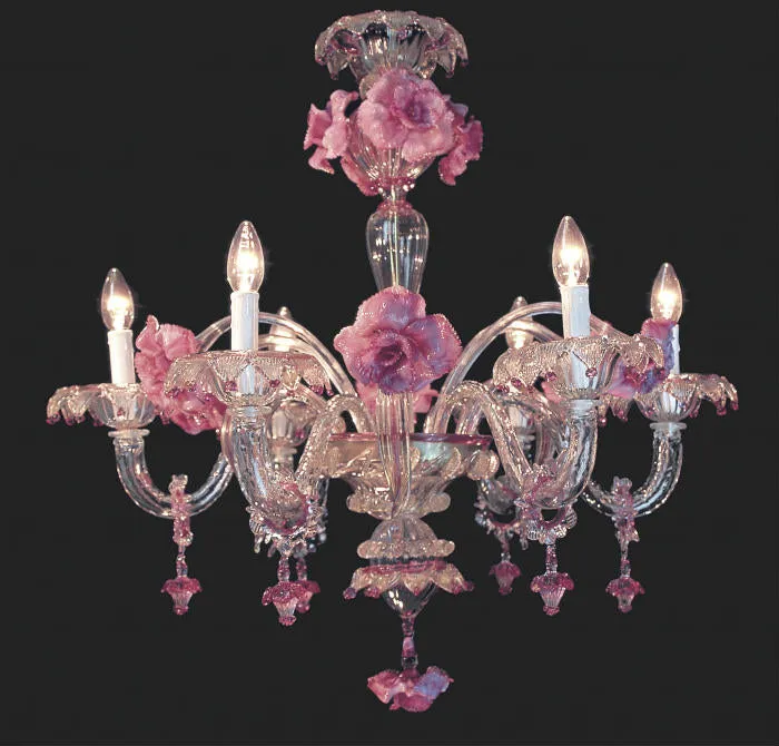 6 Light Murano Glass Chandelier With Pretty Pink Flowers