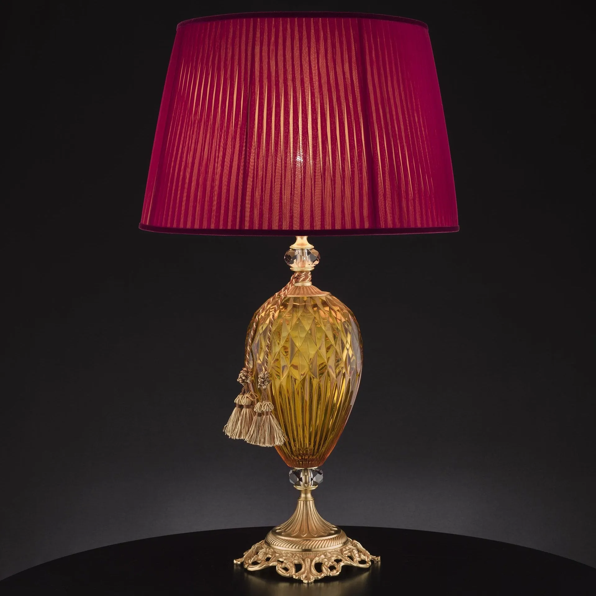 Amber Cut Crystal Glass Table Lamp With Gold Fringing