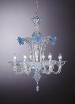 Aquamarine & Clear Murano Glass Floral Chandelier With 6 Lights