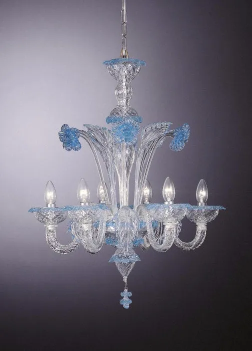 Aquamarine & Clear Murano Glass Floral Chandelier With 6 Lights