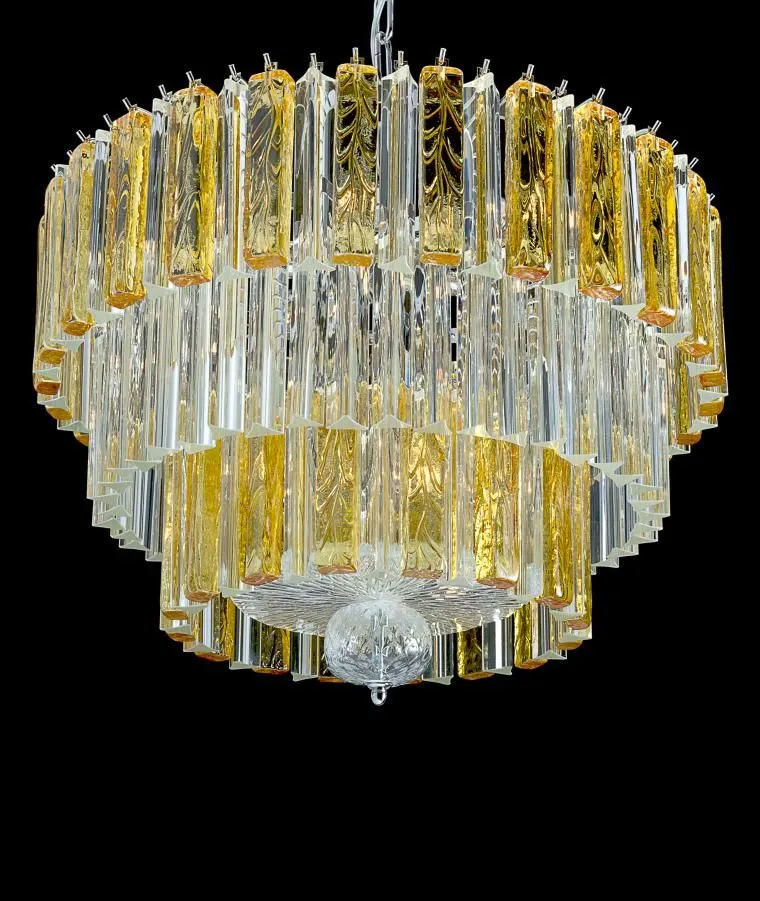 Beautiful Large Modern Mid-Century Chandelier With Clear And Amber Murano Glass Prisms