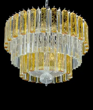 Beautiful Large Modern Mid-Century Chandelier With Clear And Amber Murano Glass Prisms