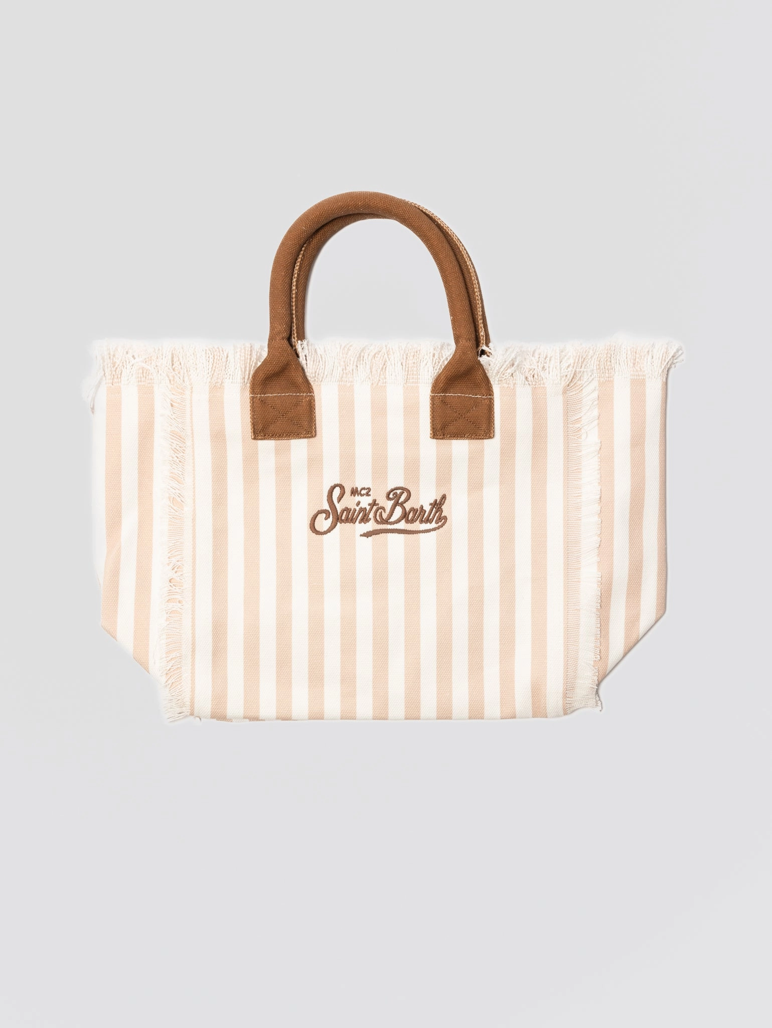 Borsa Tote in Cotone a Righe con Frange Beige/Cuoio