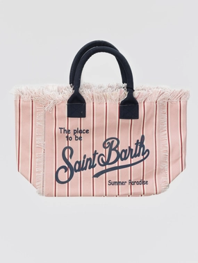 Borsa Tote in Cotone a Righe con Frange Rosa