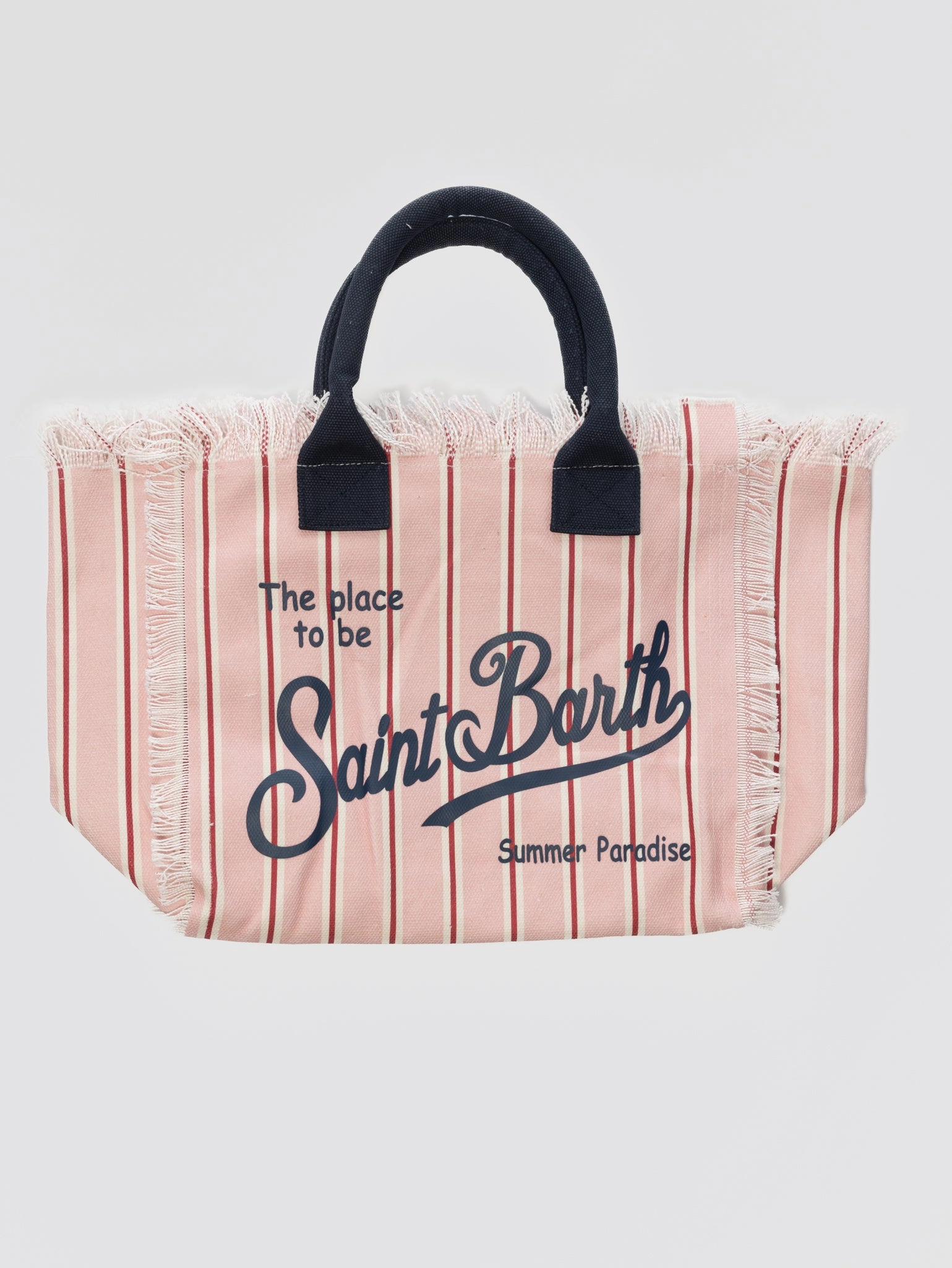 Borsa Tote in Cotone a Righe con Frange Rosa