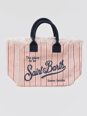 Borsa Tote in Cotone a Righe con Frange Rosa