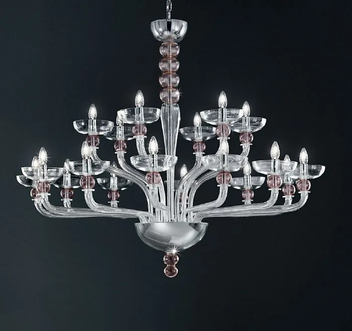 Clear Modern Murano Glass Chandelier With Clear Amethyst Spheres