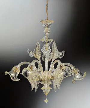 Clear Venetian Glass Floral Chandelier With 6 Lights