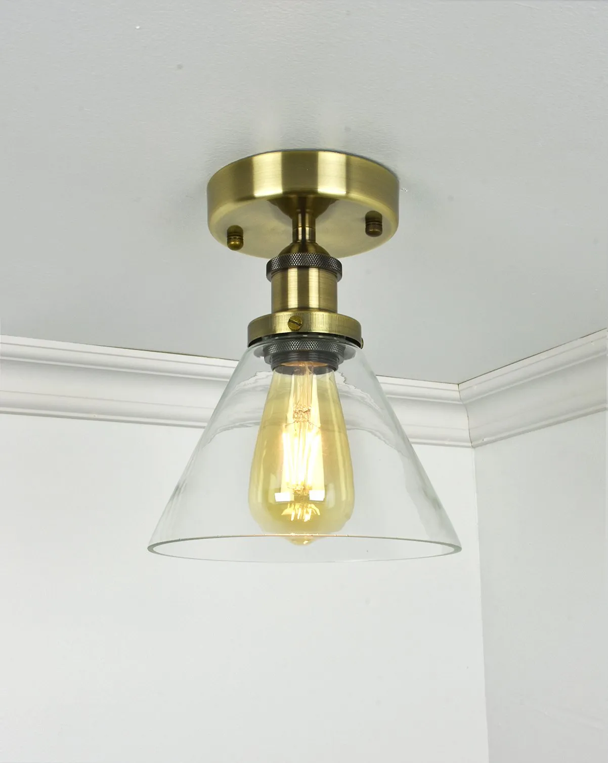Flush Mount: Antique Brass Glass Cone