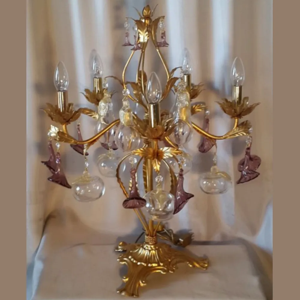 Gold Table Lamp With Murano Glass Fruits