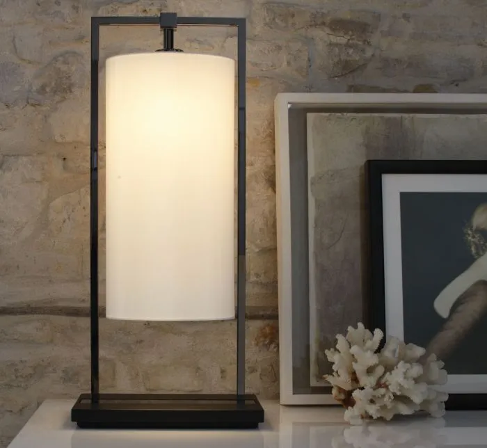 High-End Italian Black Nickel And Dark Oak Table Lamp With White Diffuser