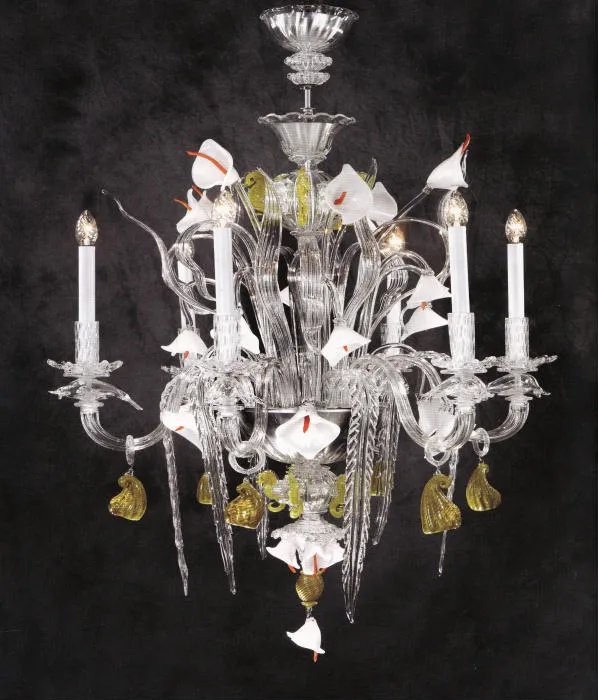 Ippocampo White & Orange Murano Glass Lily Chandelier