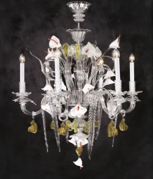 Ippocampo White & Orange Murano Glass Lily Chandelier