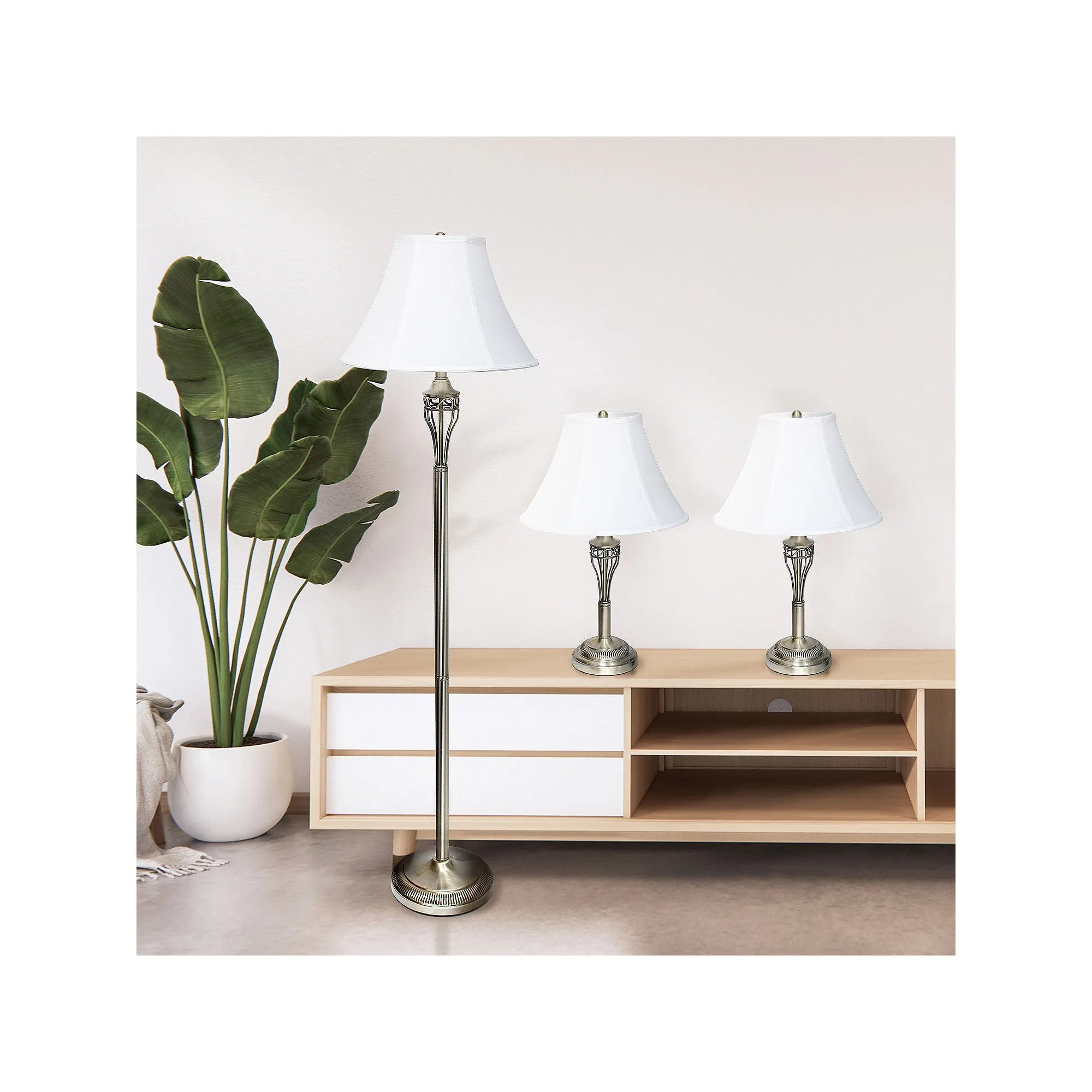 Lalia Home 1270-LHS-1002-AB Perennial Roma Classic 3 Piece Metal Lamp Set (2 Table Lamps, 1 Floor Lamp) Antique Brass Finish