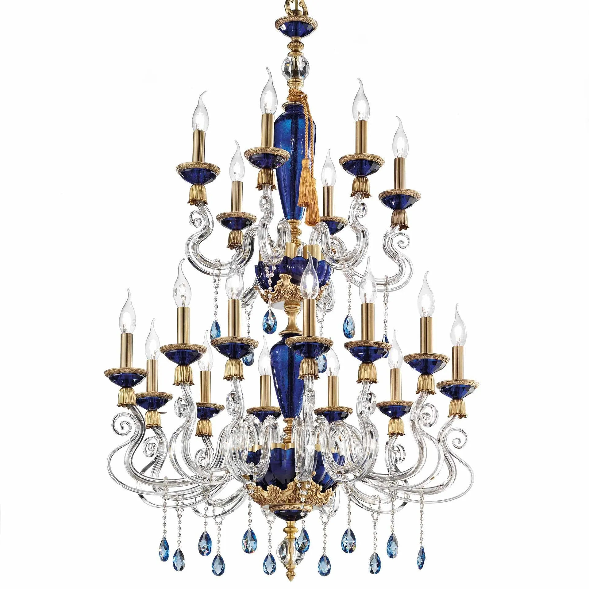 Large Baroque Blue Brass & Crystal Chandelier