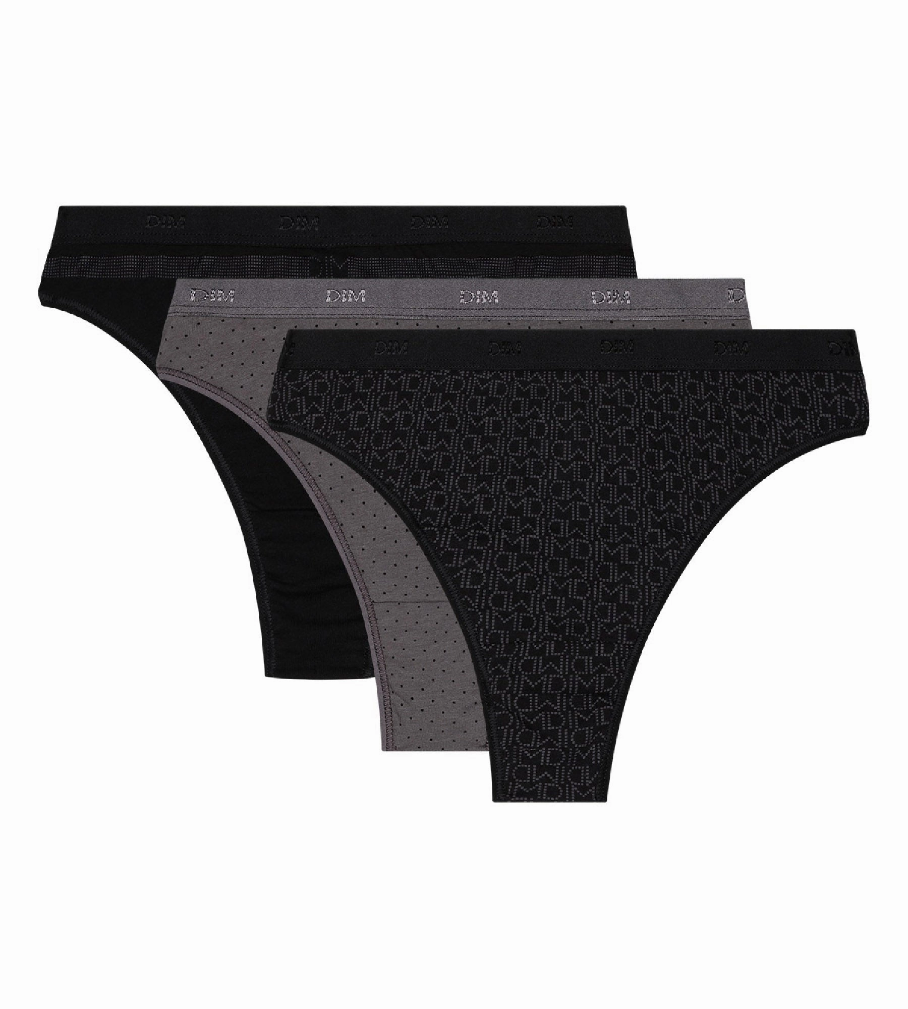 Lot de 3 strings noirs et gris Les Pockets Coton Stretch