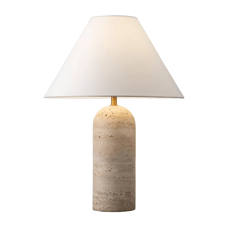 Minimalist Linen and Travertine Table Lamp