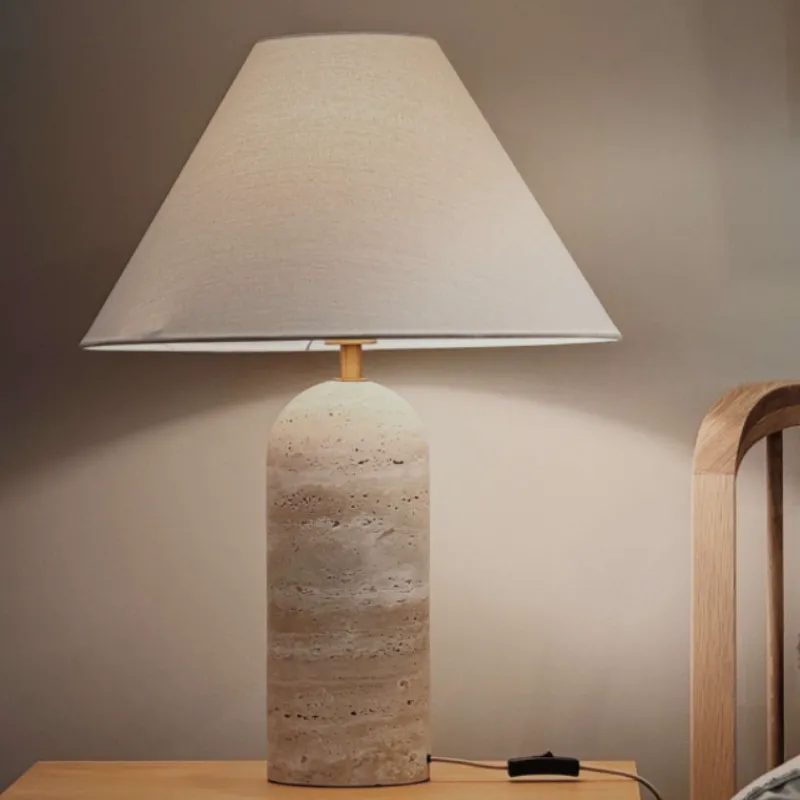 Minimalist Linen and Travertine Table Lamp