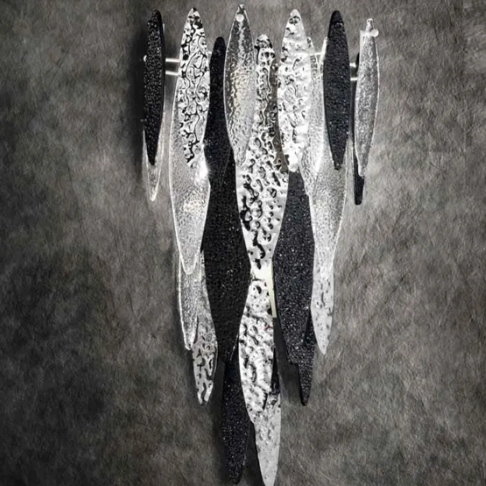 Modern Murano Glass Led Wall Light With Clear, White, And Gold Leaves