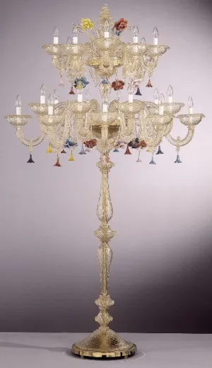 Murano Crystal 24 Light Floor Chandelier With Coloured Flowers