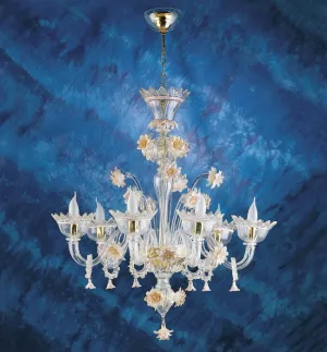 Murano Glass 6 Light Chandelier With Gold Flowers & Pink Trim
