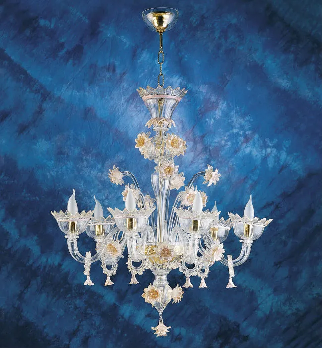 Murano Glass 6 Light Chandelier With Gold Flowers & Pink Trim
