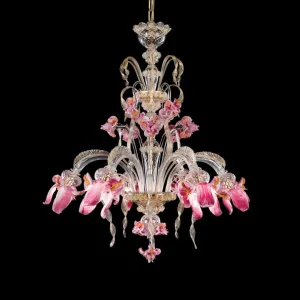Murano Glass Chandelier with 6 Light, Clear, Gold, and Pink