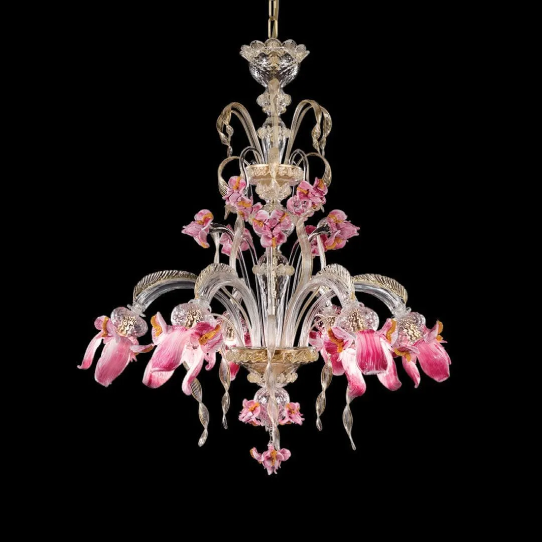 Murano Glass Chandelier with 6 Light, Clear, Gold, and Pink