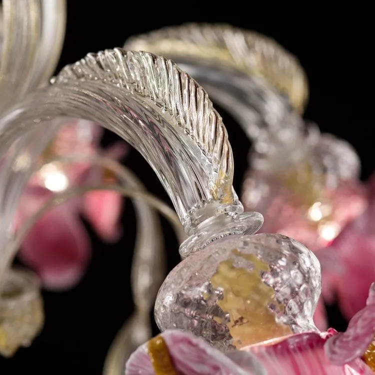 Murano Glass Chandelier with 6 Light, Clear, Gold, and Pink