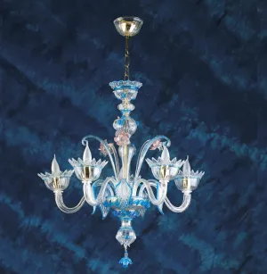 Murano Glass Chandelier With Blue And Gold Decorations