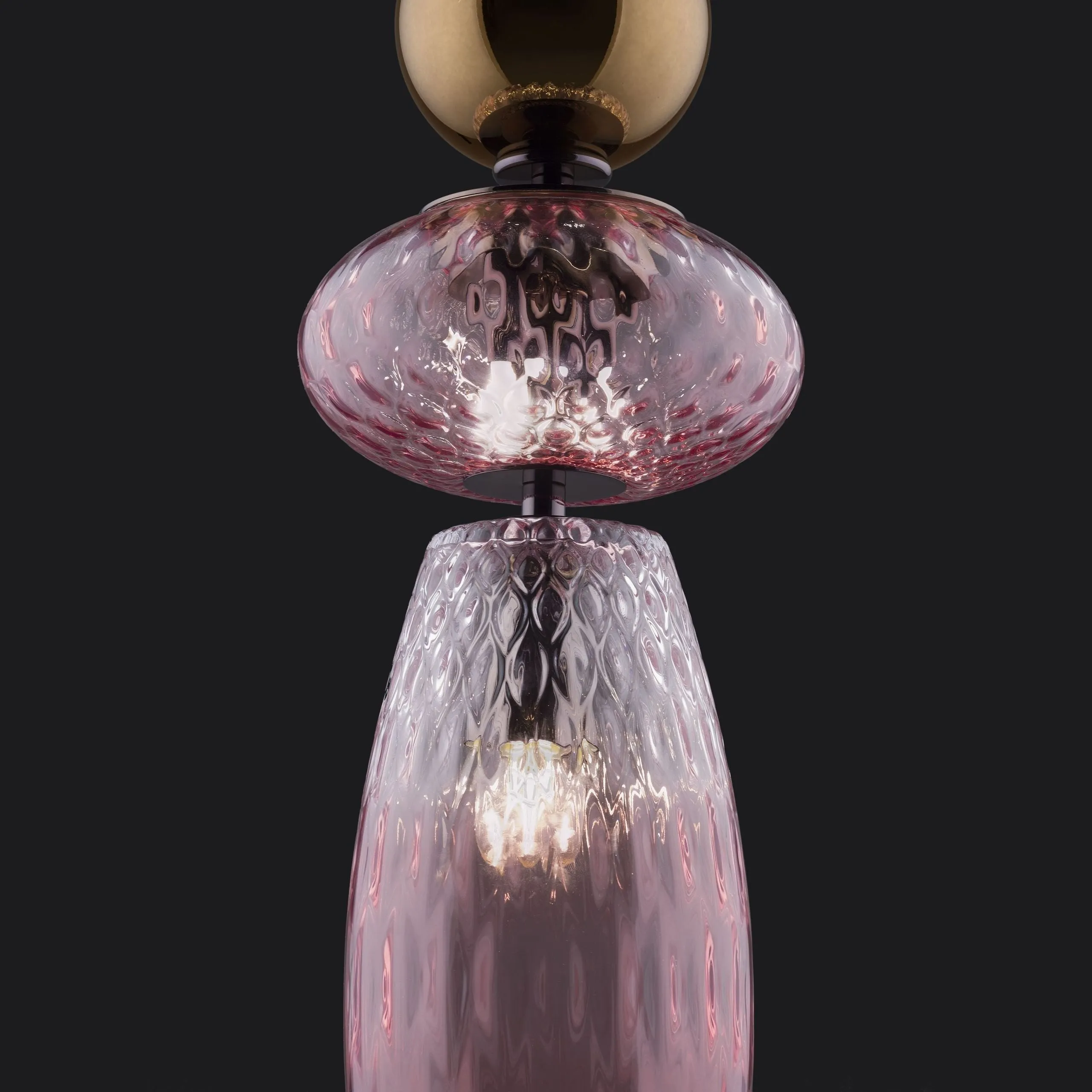 Pink Textured Glass Stacked Pendant With Bronze Globes
