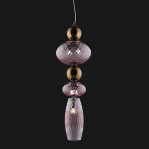 Pink Textured Glass Stacked Pendant With Bronze Globes