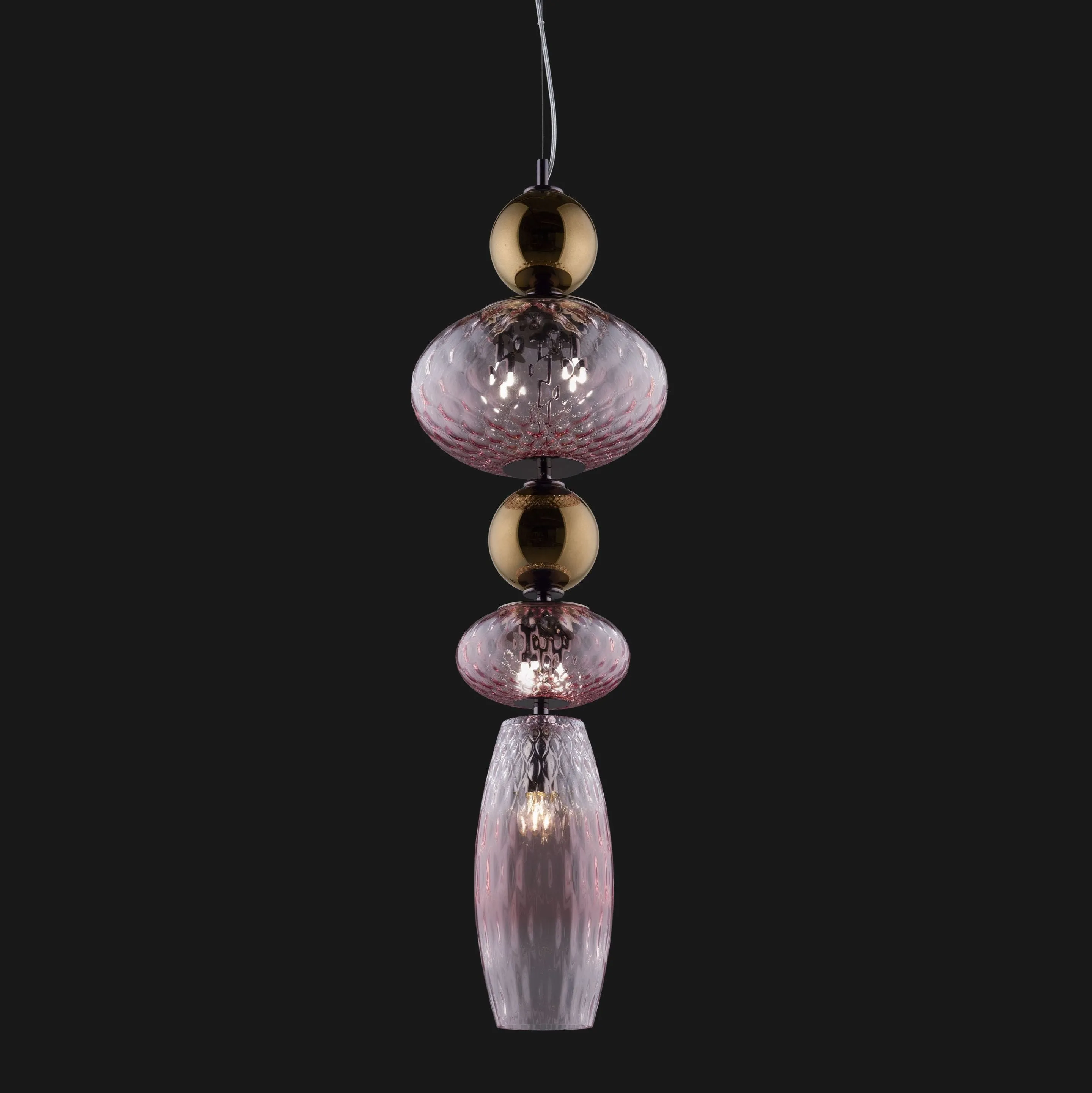 Pink Textured Glass Stacked Pendant With Bronze Globes