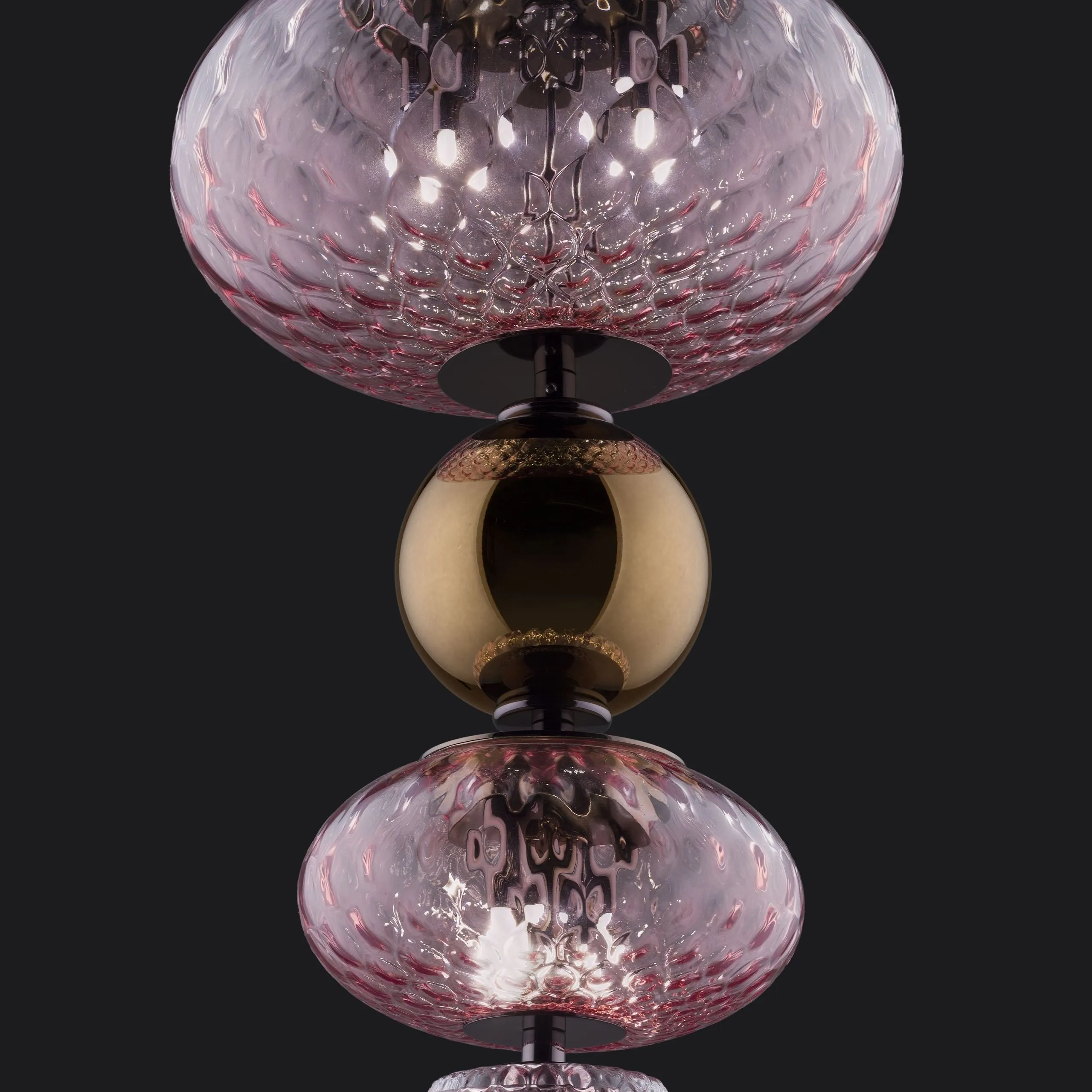 Pink Textured Glass Stacked Pendant With Bronze Globes