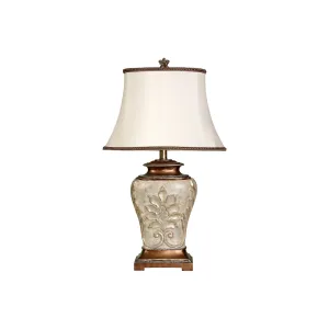 Style Craft L32331DS Magonia Table Lamp - Antique White With Gold Accents - White Fabric Shade