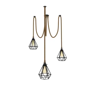 Swag Chandelier: 3 Pendant Manila Rope with Black Geometric Cages