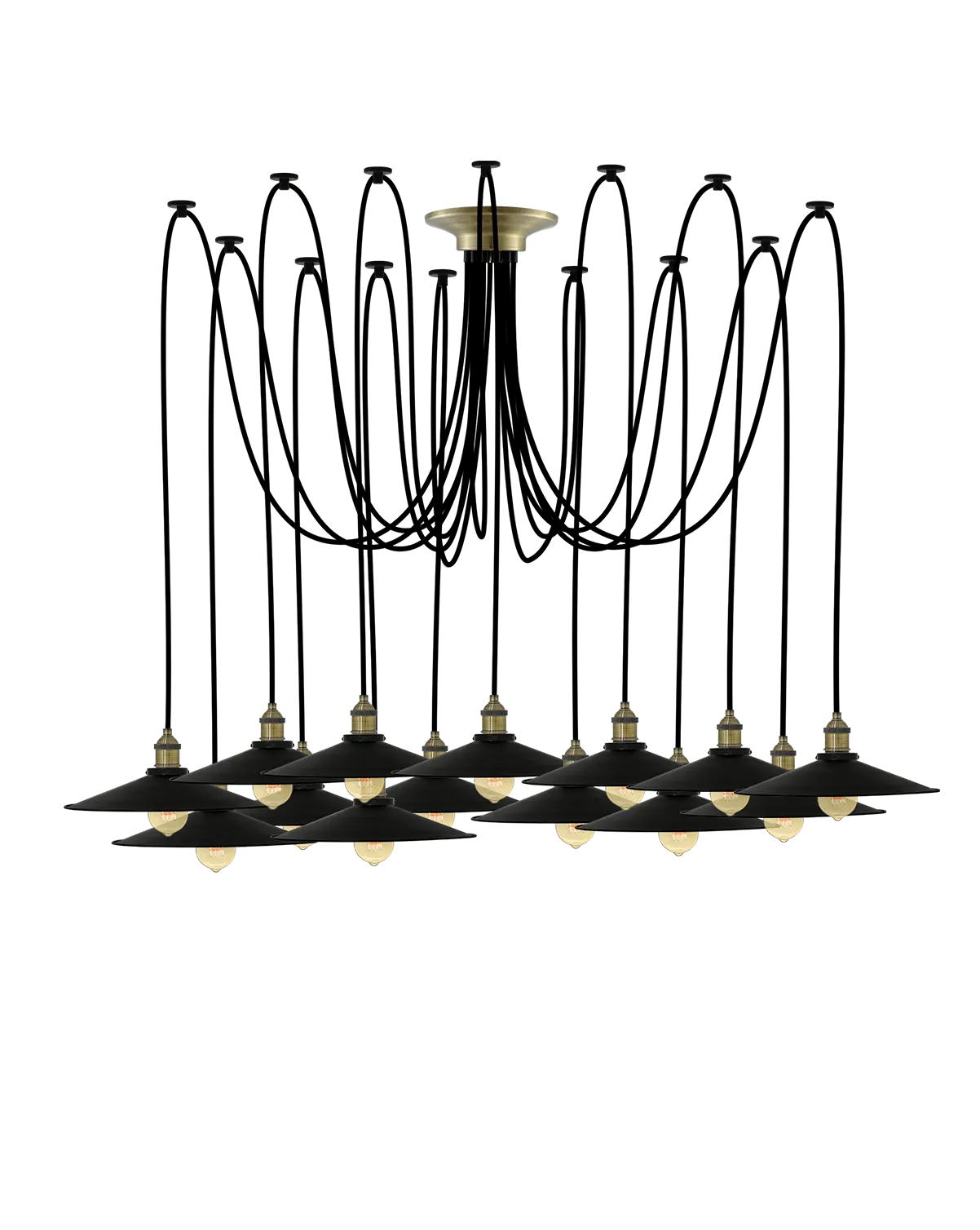 Swag Chandelier: Black and Large Black Flat Shades