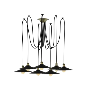 Swag Chandelier: Black and Large Black Flat Shades
